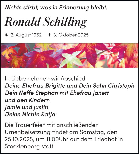 Traueranzeige von Ronald Schilling von Trauerkombi Quedlinburg