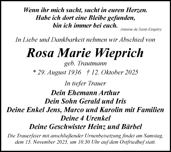 Traueranzeige von Rosa Marie Wieprich von Volksstimme Magdeburg