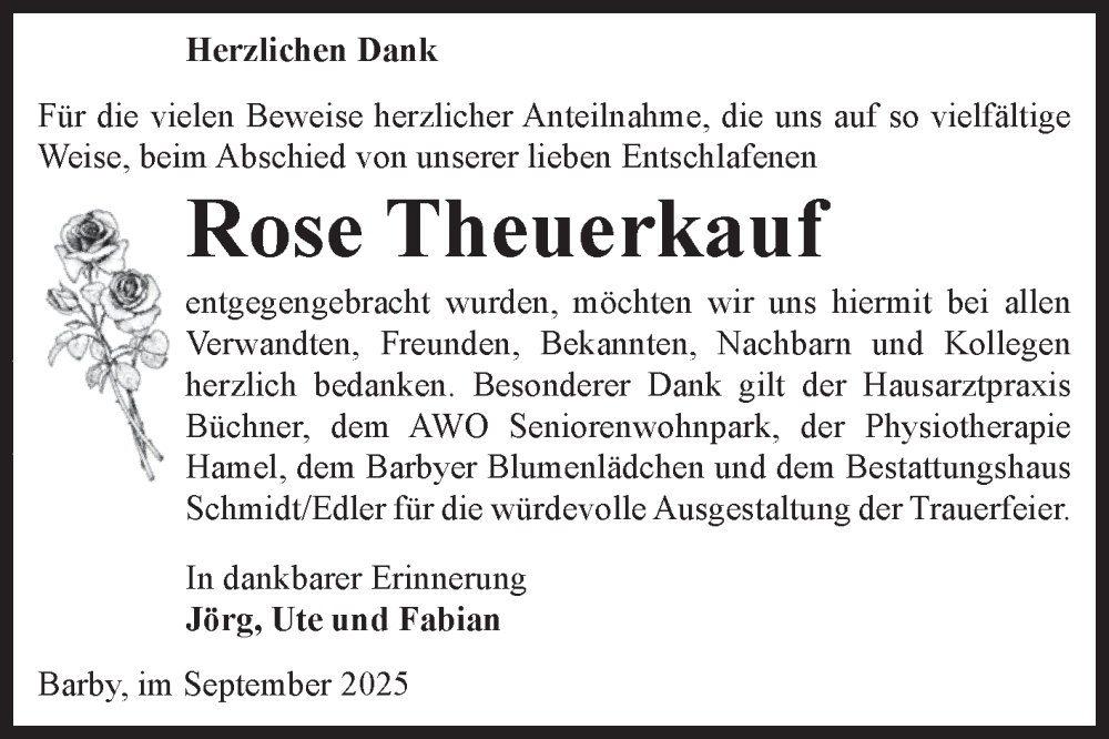  Traueranzeige für Rose Theuerkauf vom 04.10.2025 aus Volksstimme Schönebeck