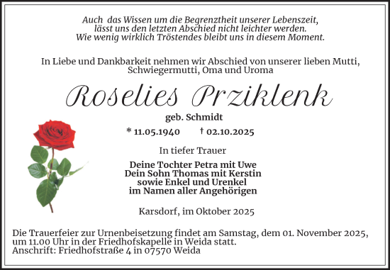 Traueranzeige von Roselies Prziklenk von Naumburger Tageblatt