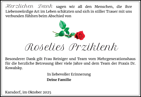 Traueranzeige von Roselies Prziklenk von Naumburger Tageblatt