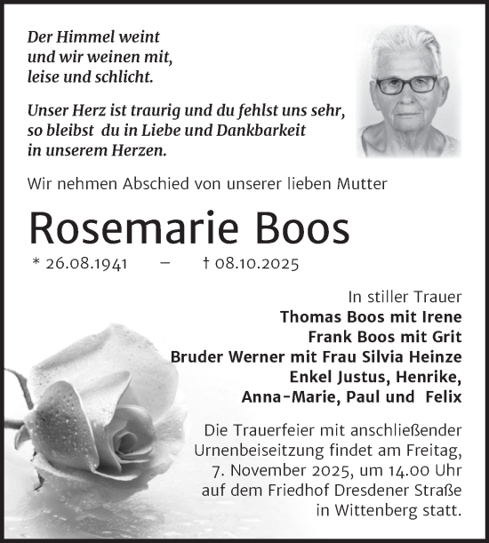 Traueranzeige von Rosemarie Boos von Trauerkombi Wittenberg
