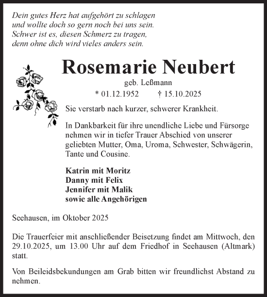 Traueranzeige von Rosemarie Neubert von Volksstimme Altmark Ost