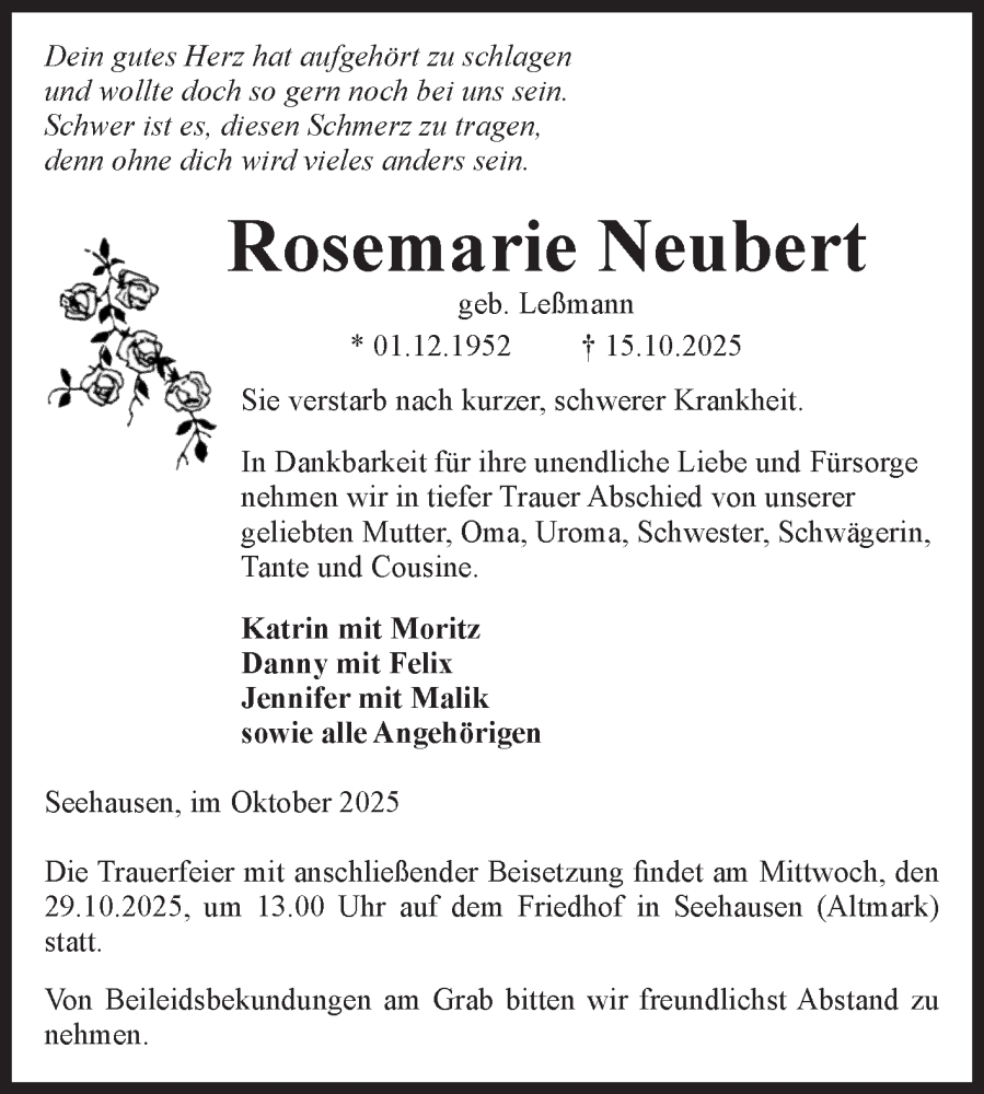  Traueranzeige für Rosemarie Neubert vom 18.10.2025 aus Volksstimme Altmark Ost