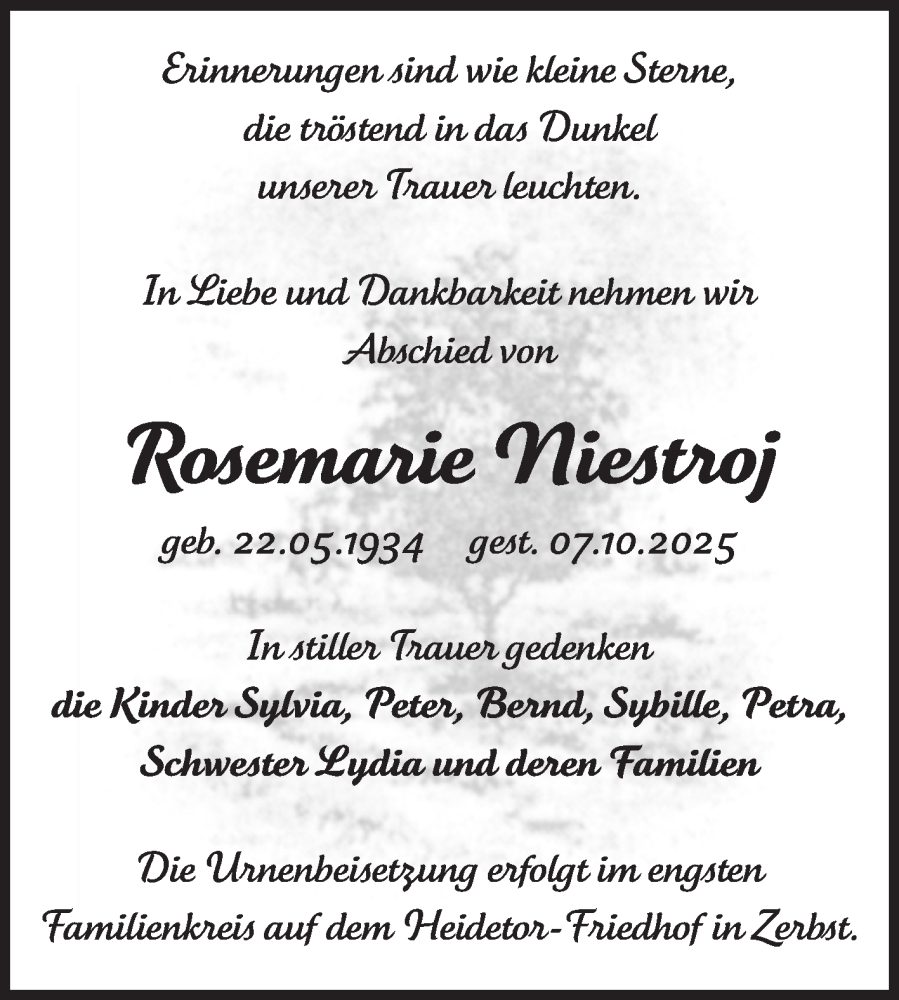  Traueranzeige für Rosemarie Niestroj vom 18.10.2025 aus Volksstimme Zerbst