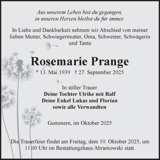 Traueranzeige von Rosemarie Prange von Volksstimme Burg/Genthin