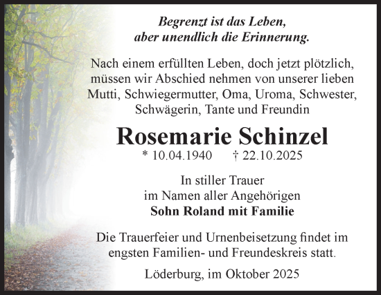 Traueranzeige von Rosemarie Schinzel von Volksstimme Staßfurt