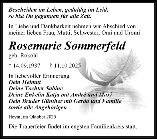 Traueranzeige von Rosemarie Sommerfeld von Trauerkombi Aschersleben