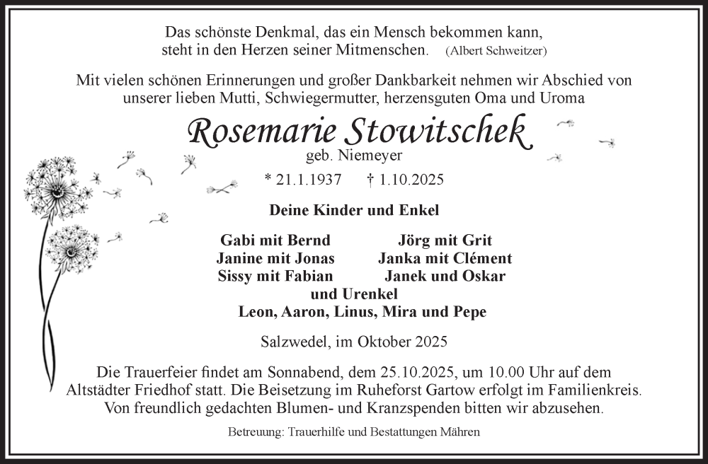  Traueranzeige für Rosemarie Stowitschek vom 10.10.2025 aus Volksstimme Altmark West