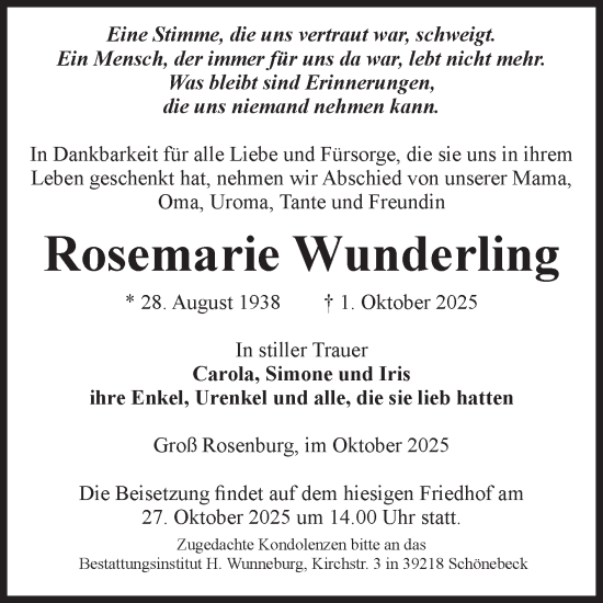 Traueranzeige von Rosemarie Wunderling von Volksstimme Schönebeck