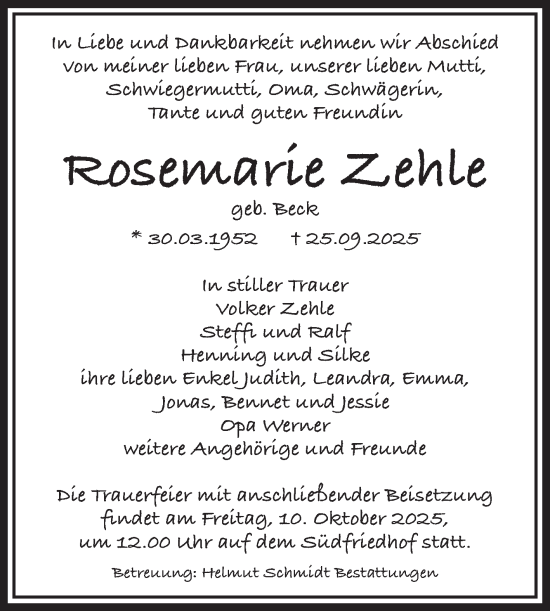 Traueranzeige von Rosemarie Zehle von Volksstimme Magdeburg