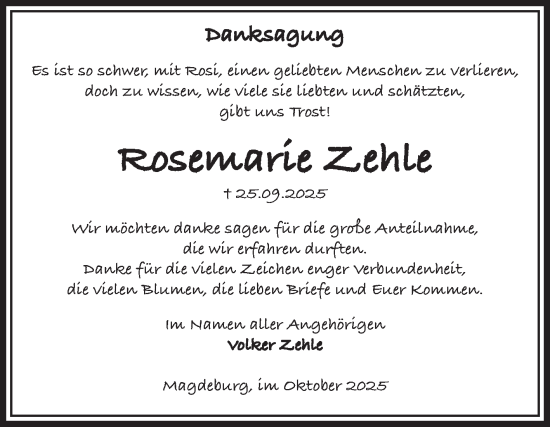Traueranzeige von Rosemarie Zehle von Volksstimme Magdeburg