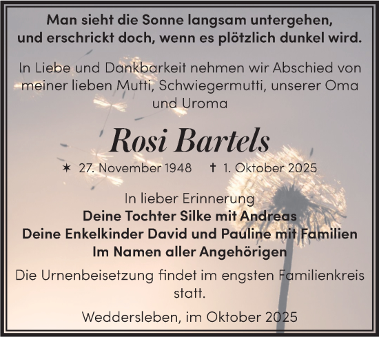 Traueranzeige von Rosi Bartels von Trauerkombi Quedlinburg