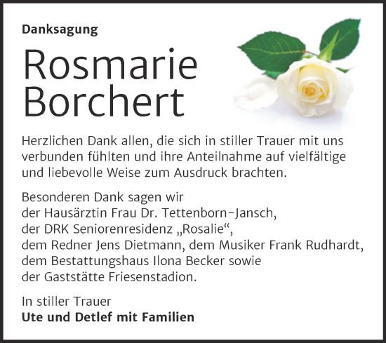 Traueranzeige von Rosmarie Borchert von Trauerkombi Sangerhausen