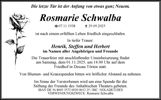 Traueranzeige von Rosmarie Schwalba von Trauerkombi Dessau