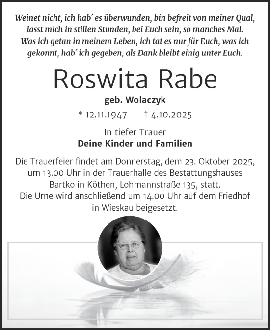 Traueranzeige von Roswita Rabe von Trauerkombi Köthen
