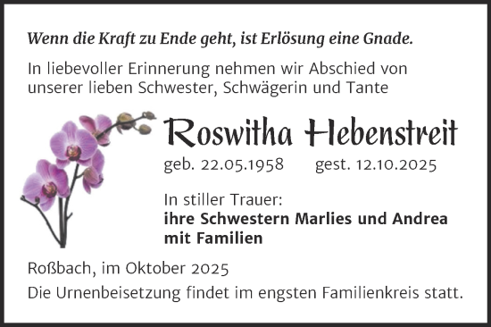 Traueranzeige von Roswitha Hebenstreit von Trauerkombi Merseburg
