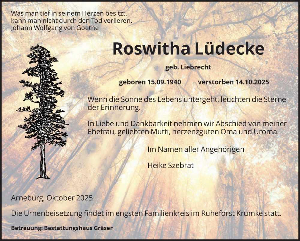  Traueranzeige für Roswitha Lüdecke vom 25.10.2025 aus Volksstimme Altmark Ost