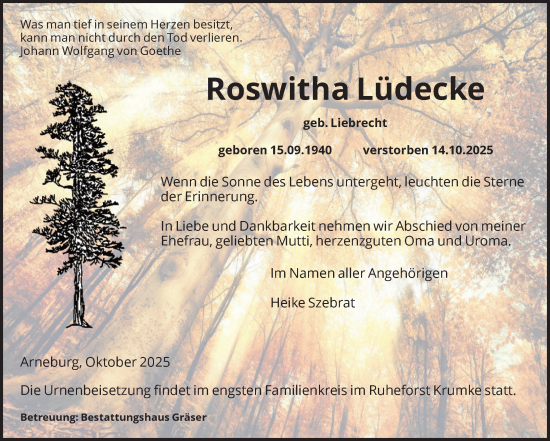 Traueranzeige von Roswitha Lüdecke von Volksstimme Altmark Ost