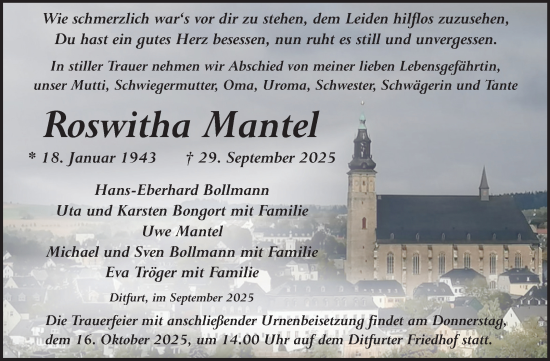 Traueranzeige von Roswitha Mantel von Trauerkombi Quedlinburg
