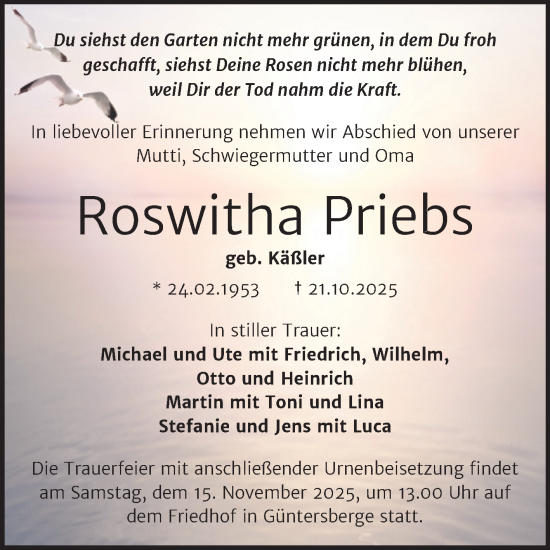 Traueranzeige von Roswitha Priebs von Trauerkombi Quedlinburg