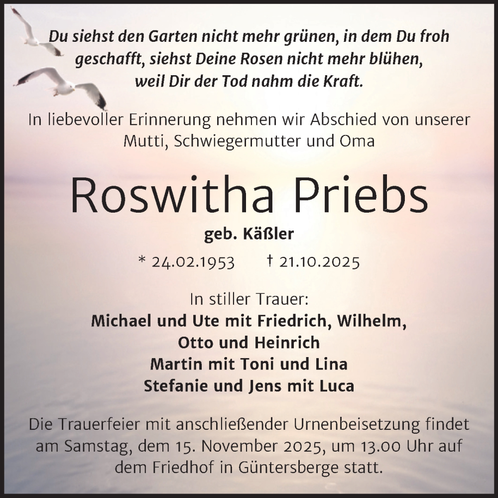  Traueranzeige für Roswitha Priebs vom 30.10.2025 aus Trauerkombi Quedlinburg