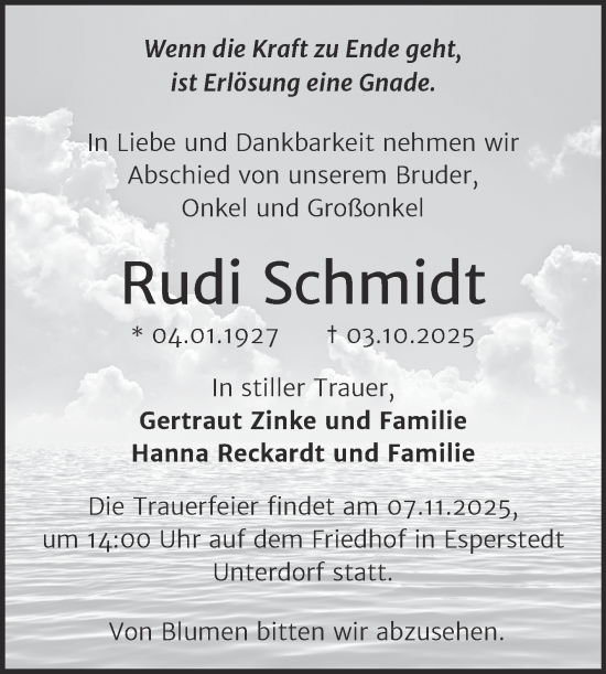 Traueranzeige von Rudi Schmidt von Trauerkombi Merseburg