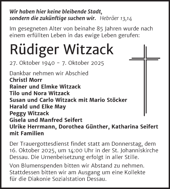 Traueranzeige von Rüdiger Witzack von Mitteldeutsche Zeitung Dessau-Roßlau