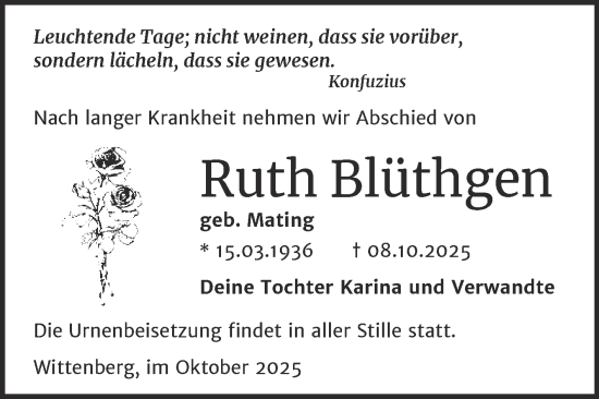 Traueranzeige von Ruth Blüthgen von Trauerkombi Wittenberg