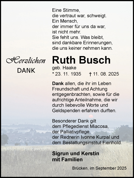 Traueranzeige von Ruth Busch von Super Sonntag Sangerhausen