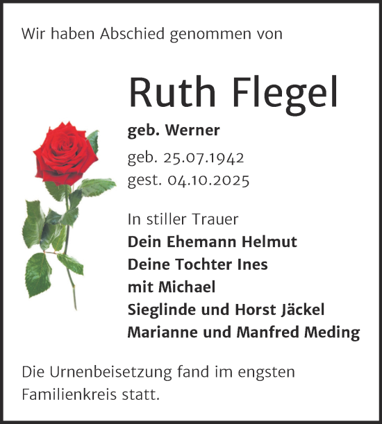 Traueranzeige von Ruth Flegel von Trauerkombi Wittenberg