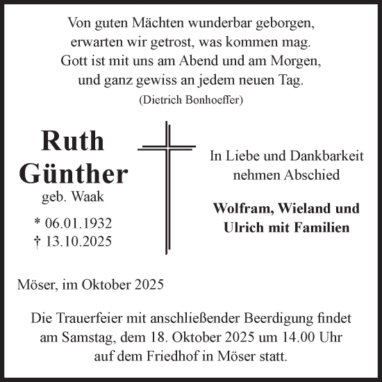 Traueranzeige von Ruth Günther von Volksstimme Burg/Genthin