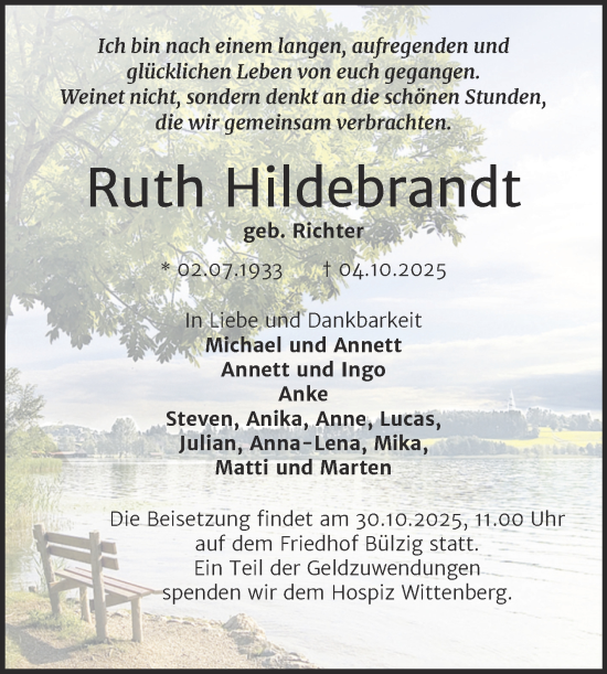 Traueranzeige von Ruth Hildebrandt von Trauerkombi Wittenberg