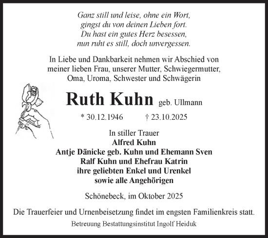 Traueranzeige von Ruth Kuhn von Volksstimme Schönebeck