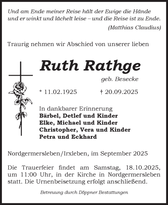 Traueranzeige von Ruth Rathge von Volksstimme Oschersleben/Wanzleben