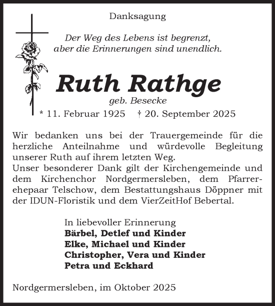 Traueranzeige von Ruth Rathge von Volksstimme Oschersleben/Wanzleben