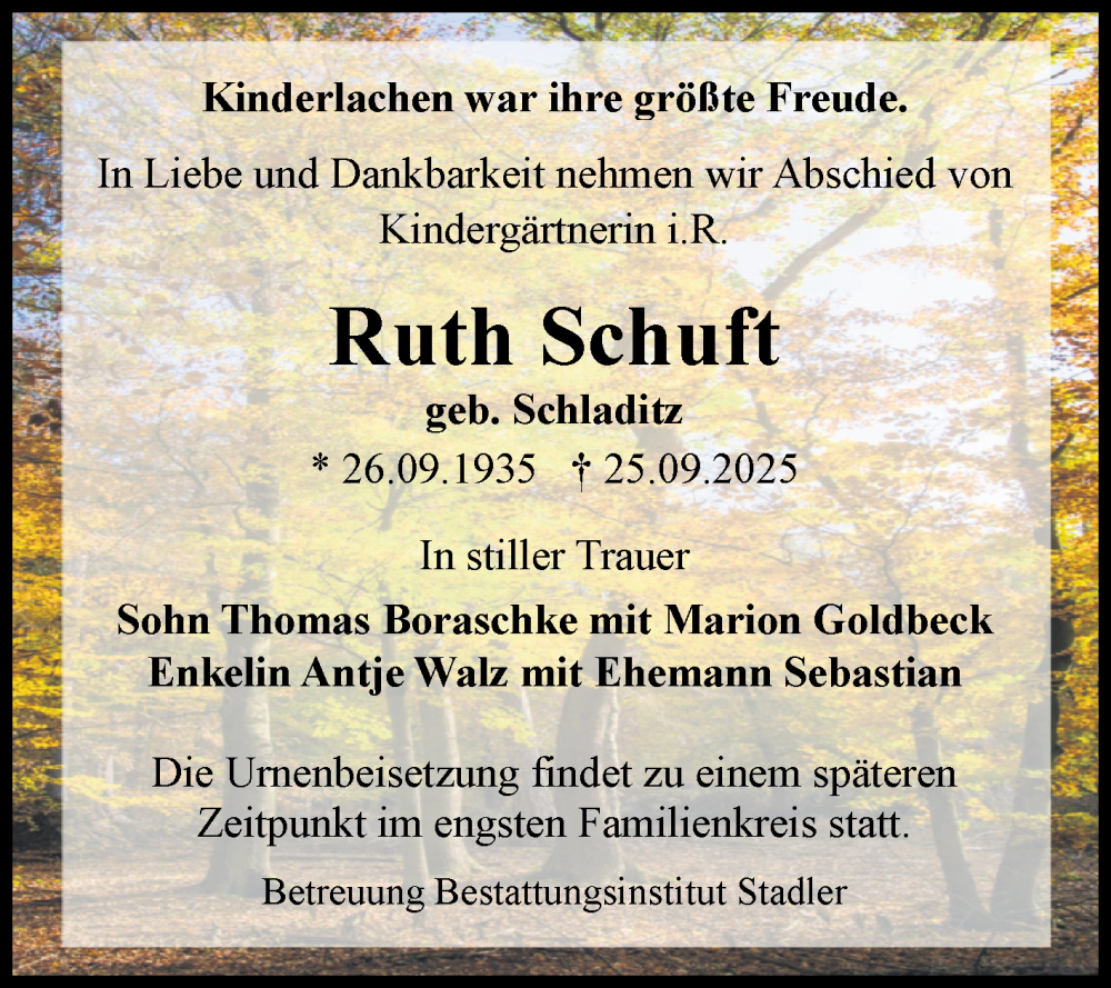  Traueranzeige für Ruth Schuft vom 04.10.2025 aus Volksstimme Magdeburg