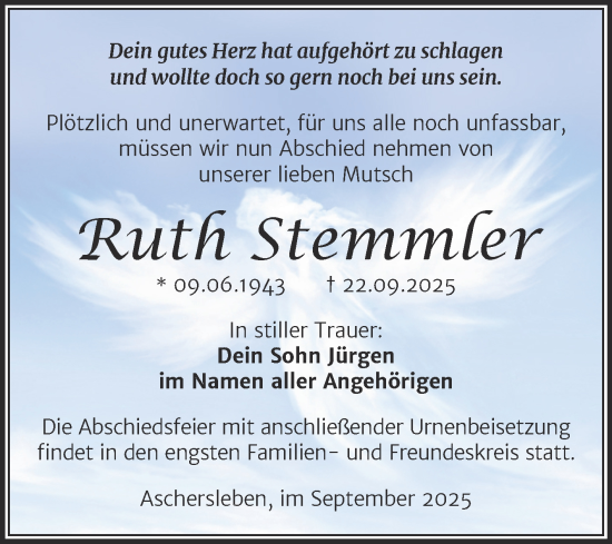 Traueranzeige von Ruth Stemmler von Trauerkombi Aschersleben