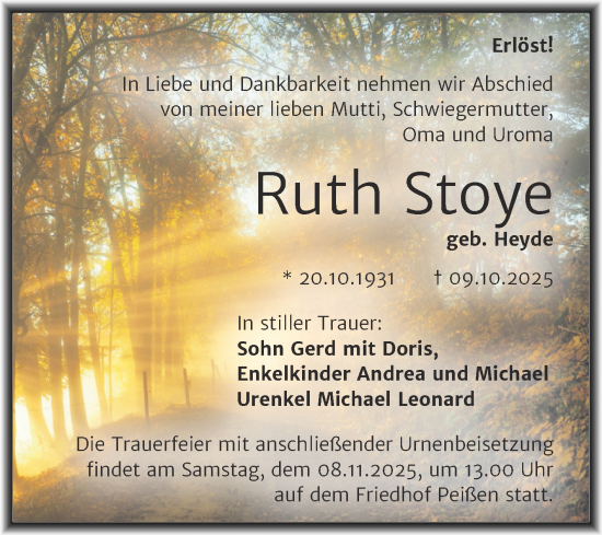 Traueranzeige von Ruth Stoye von Mitteldeutsche Zeitung Halle/Saalkreis
