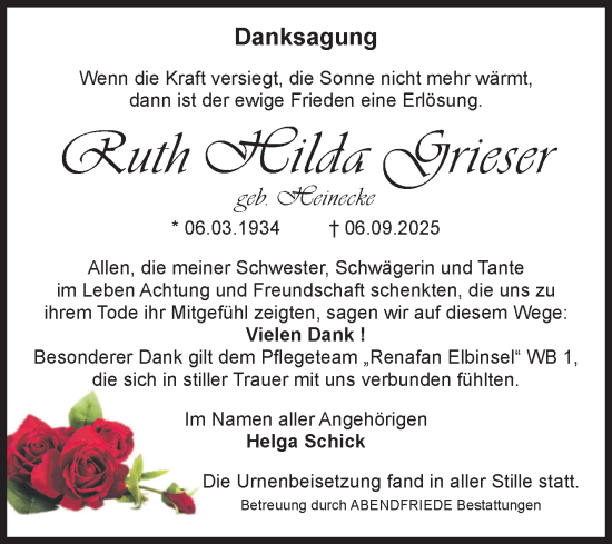 Traueranzeige von Ruth Hilda Grieser von Volksstimme Magdeburg