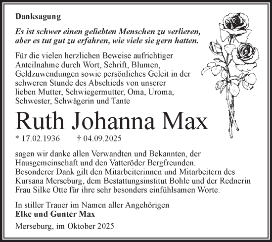 Traueranzeige von Ruth Johanna Max von Trauerkombi Merseburg