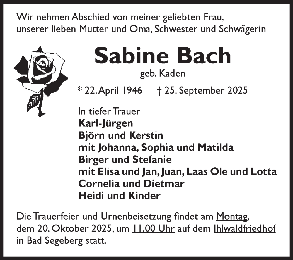  Traueranzeige für Sabine Bach vom 04.10.2025 aus Volksstimme Altmark Ost