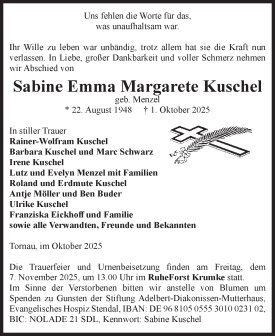 Traueranzeige von Sabine Emma Margarete Kuschel von Volksstimme Altmark Ost