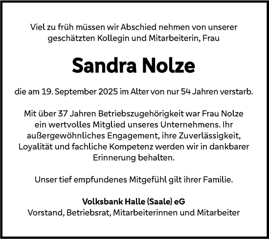 Traueranzeige von Sandra Nolze von Mitteldeutsche Zeitung Merseburg/Querfurt