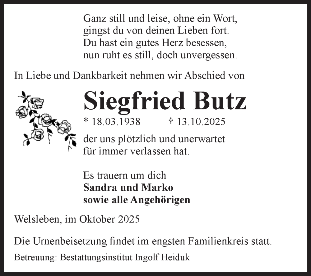  Traueranzeige für Siegfried Butz vom 25.10.2025 aus Volksstimme Schönebeck