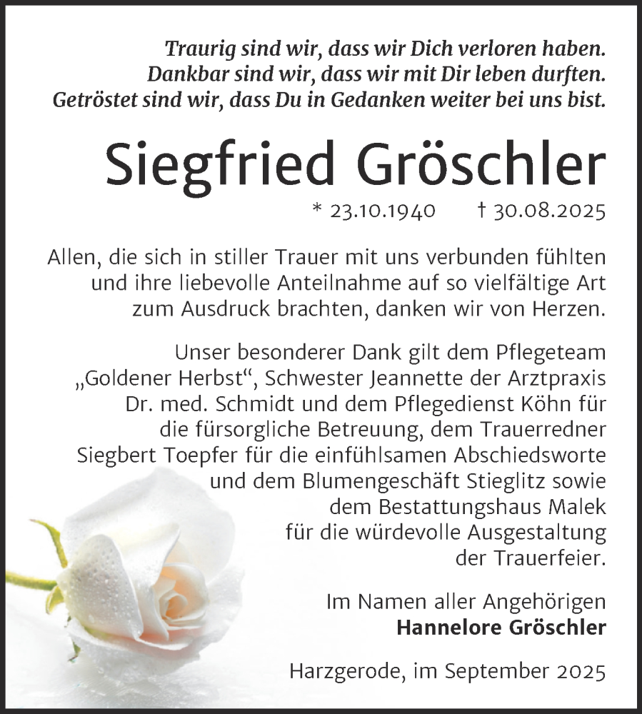  Traueranzeige für Siegfried Gröschler vom 04.10.2025 aus Trauerkombi Quedlinburg