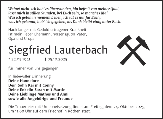 Traueranzeige von Siegfried Lauterbach von Trauerkombi Köthen