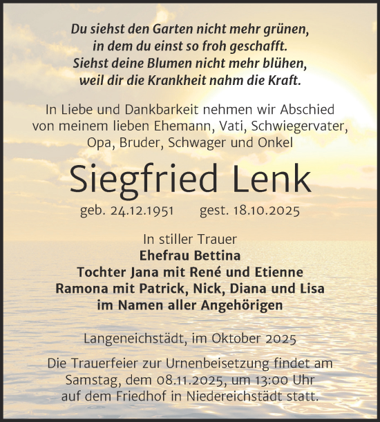 Traueranzeige von Siegfried Lenk von Trauerkombi Merseburg