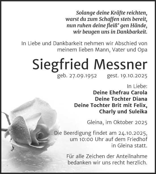 Traueranzeige von Siegfried Messner von Naumburger Tageblatt
