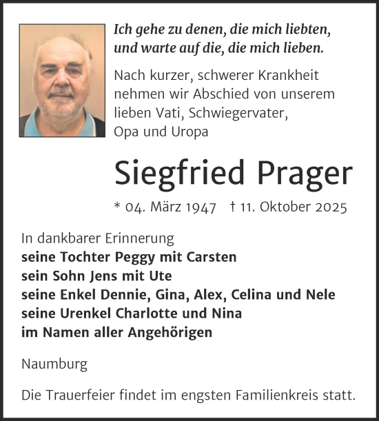 Traueranzeige von Siegfried Prager von Super Sonntag Naumburg/Nebra